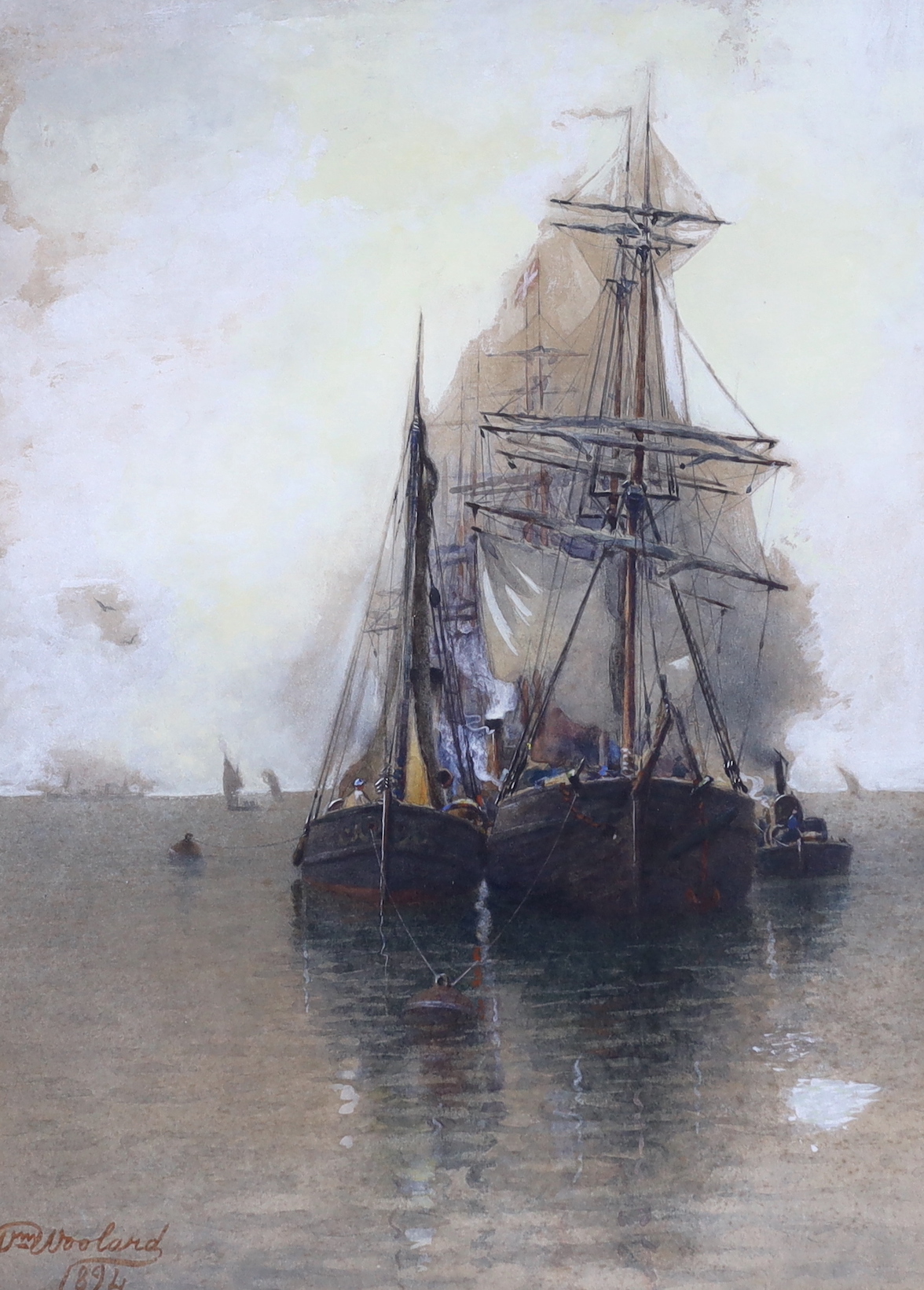 William Woolard (fl.1883-1908), heightened watercolour, Barges, signed and dated 1894, 37 x 26cm